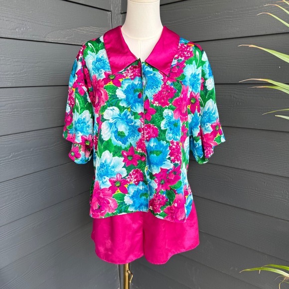 Victoria's Secret Other - Vintage Victoria's Secret Floral Satin Pajama Set Hot Pink Medium
